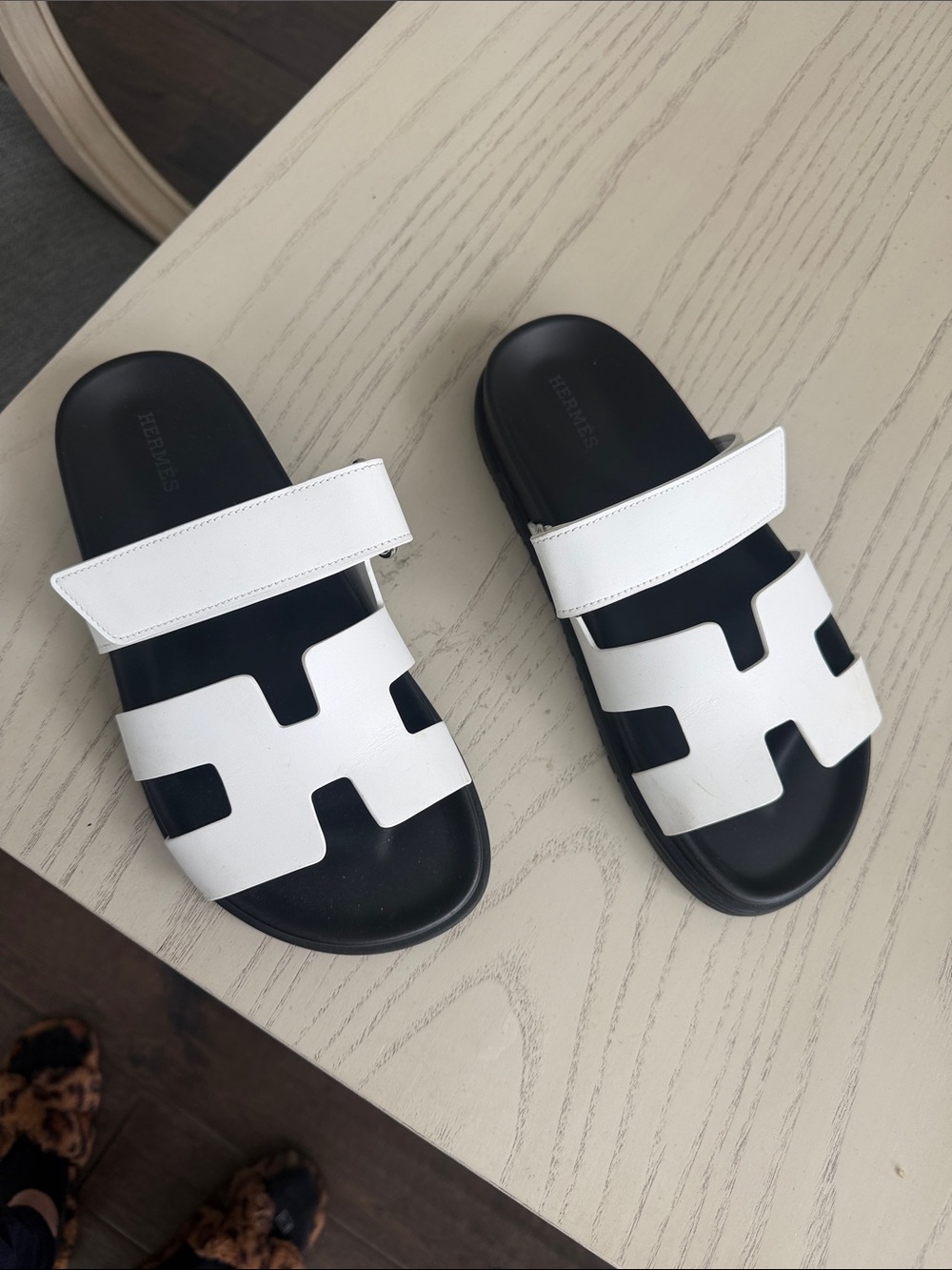 Hermes White and Black Chypre Slide Sandals